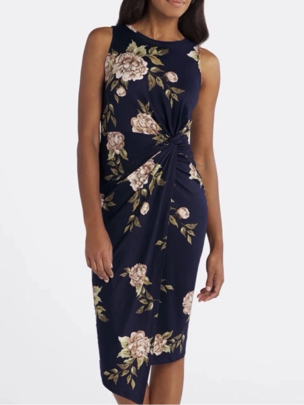 Nine Britton Abigail Brushed Knit Floral Wrap Fitted Midi Dress Ladies Large